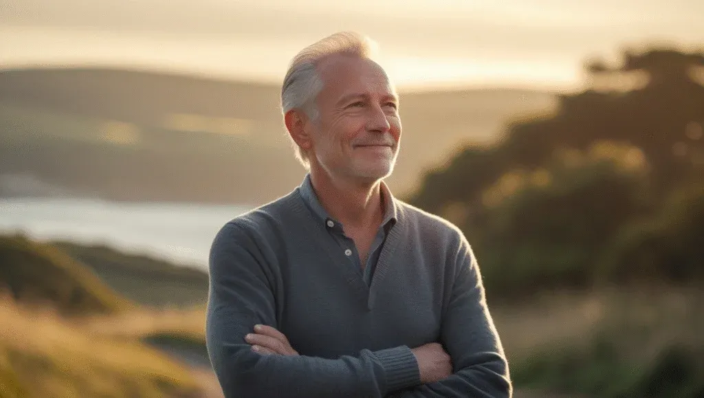 Old man with a calm smile in a tranquil setting, contemplating ;iving with MS