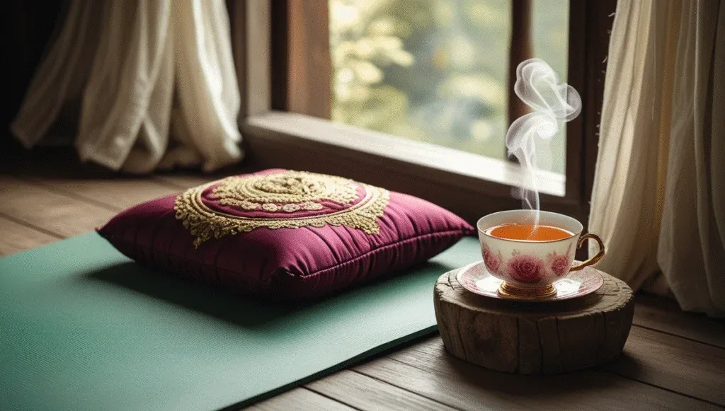 Morning mindfulness setup with meditation cushion and tea, promoting calm and clarity.