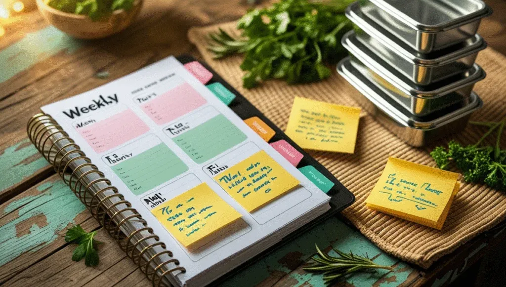 Weekly planning tools and meal prep as part of an energy-saving routine for MS management.