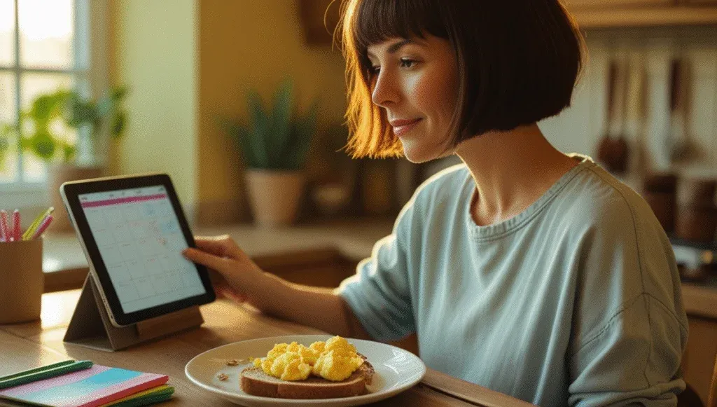 A morning routine in action with breakfast, planning, and digital tools to support MS wellbeing.