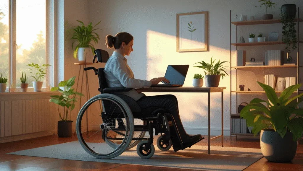 Working with MS A woman in a wheelchair perusing her laptop in a sunny home office