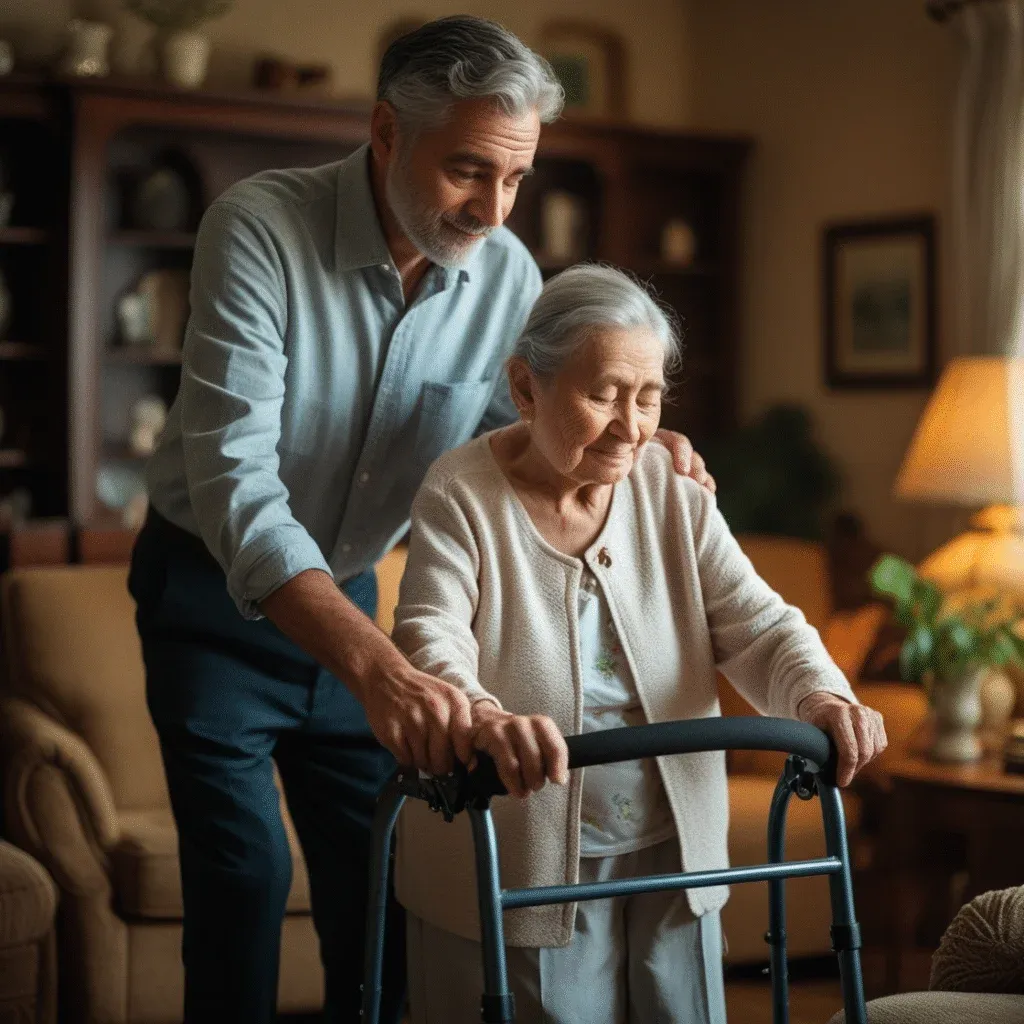 Son assisting elderly mother with walking frame, representing compassion and daily support