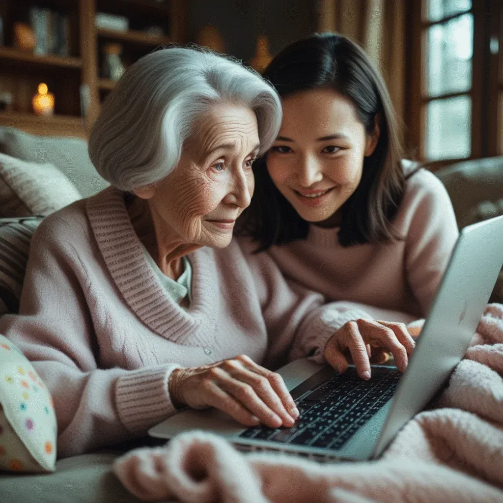 Elderly woman learning online with family support, highlighting mental resilience and modern engagement