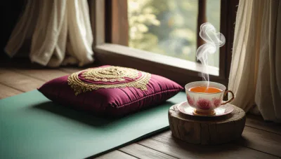 Morning mindfulness setup with meditation cushion and tea, promoting calm and clarity.
