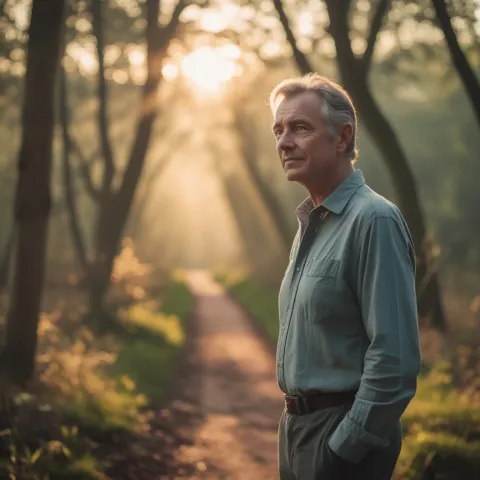 A reflective man begins a hopeful journey on a woodland path at sunrise, symbolising the start of living with multiple sclerosis.