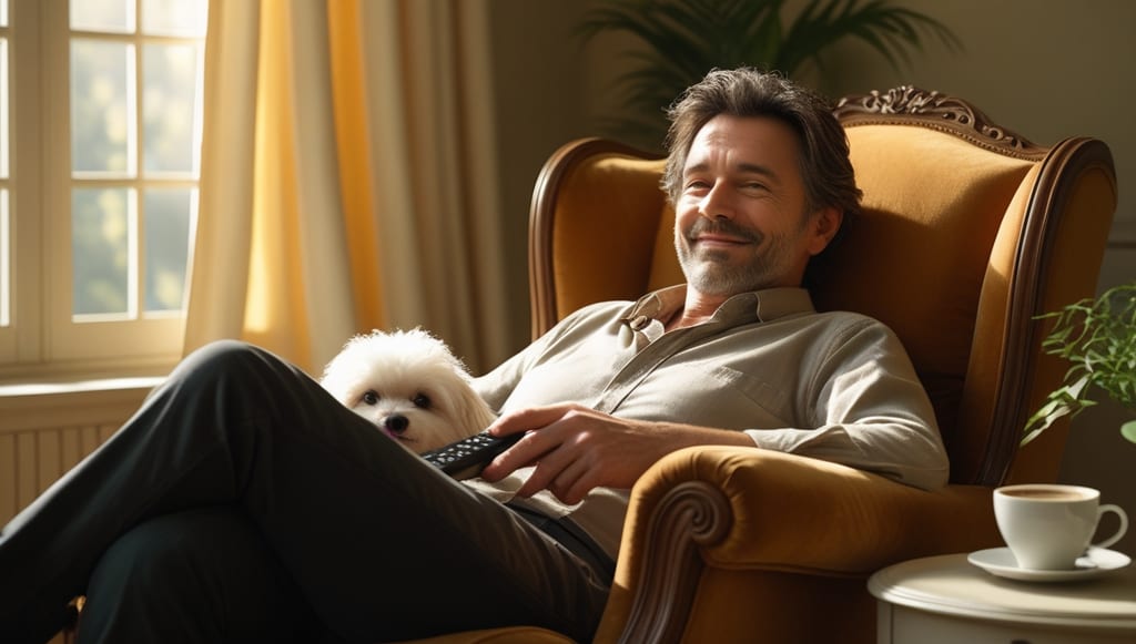 Man with MS resting in an armchair during midday break to conserve energy.