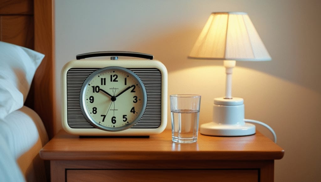 A structured MS-friendly morning scene with a radio alarm set to the same time each day.