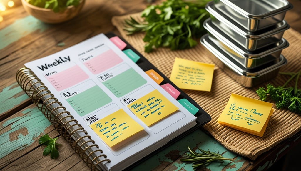 Weekly planning tools and meal prep as part of an energy-saving routine for MS management.