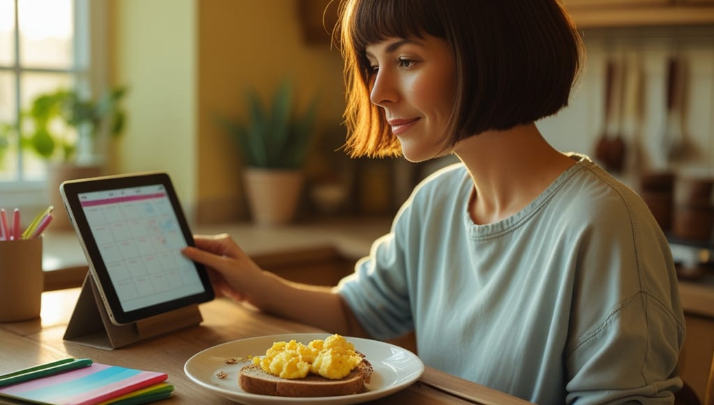 A morning routine in action with breakfast, planning, and digital tools to support MS wellbeing.